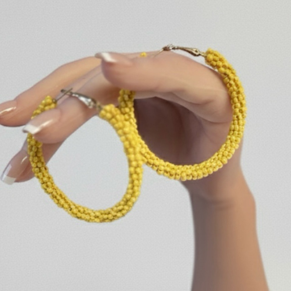 Bright Yellow Seed Bead Hoop Earrings Boho Summer Festival Vibes - Picture 5 of 9